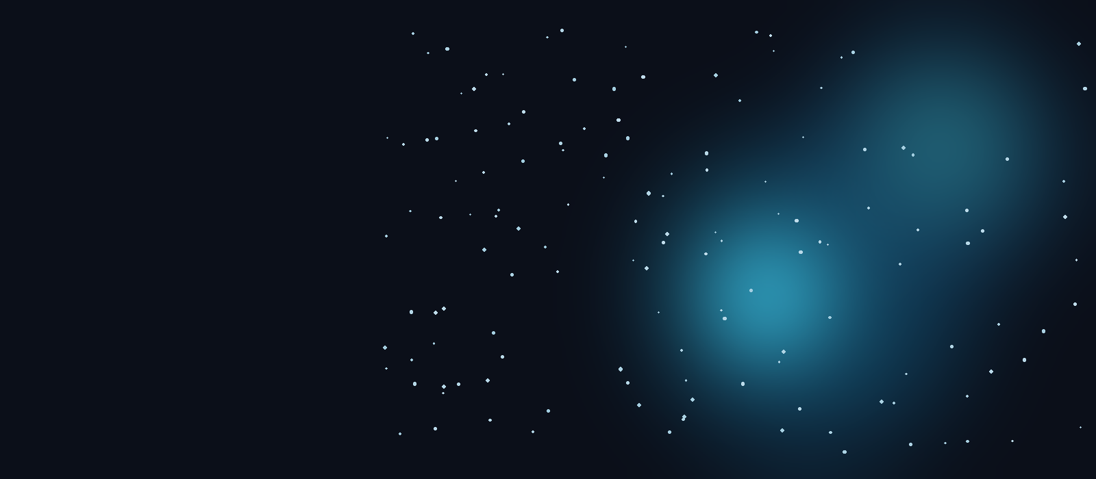 Ilustración abstracta de un resplandor azul y turquesa difuminado sobre fondo azul muy oscuro, con pequeñas partículas dispersas como gotas de lluvia iluminadas, evocando el agua vista a distancia