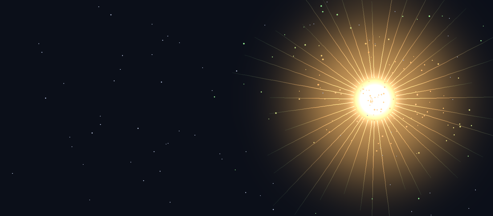 Ilustración abstracta de un resplandor solar muy brillante en tonos dorados del que irradian finos rayos de luz hacia un fondo azul muy oscuro salpicado de estrellas, con las puntas de los rayos y algunas partículas dispersas en tono verde, evocando la energía solar y renovable