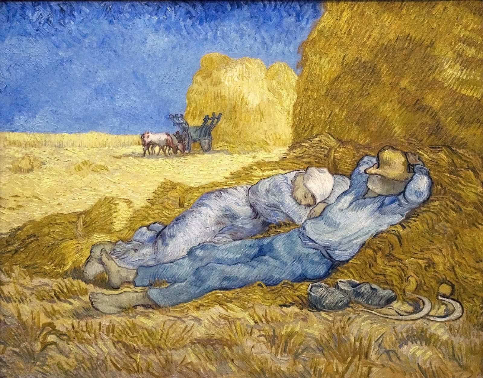 Pintura de dos segadores durmiendo la siesta sobre un montón de heno